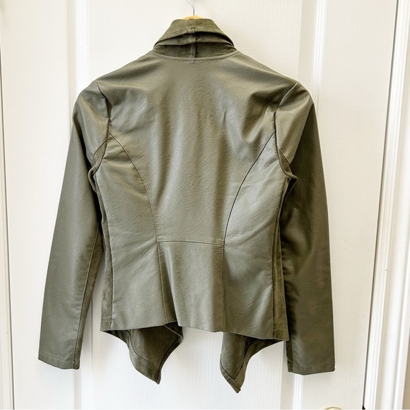 Dex Olive Green Open Front Draped Waterfall Moto Jacket Faux Leather/Suede XS - Picture 6 of 16